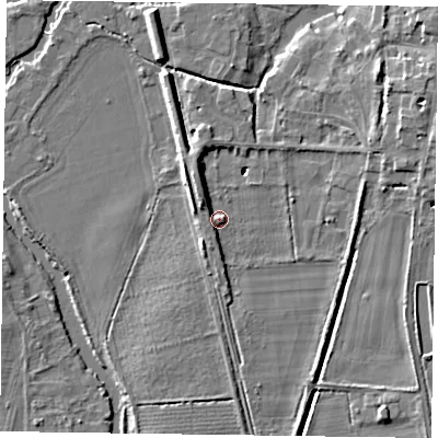 Shaded relief map of the ground around RG108EX, computed from Environment Agency LiDAR. The ground here sits at about 35 m above sea level and falls 7 m across the surrounding 800 m. Surface water reaching this point runs off ground lying to the south-south-east, 2.7 m higher.
