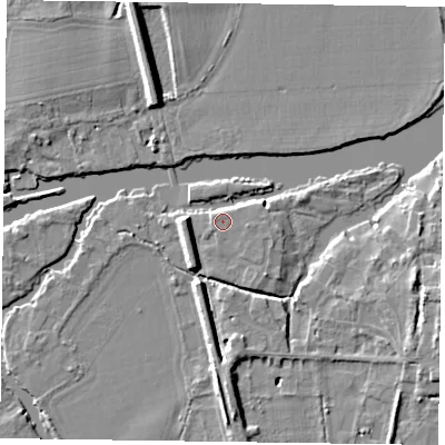 Shaded relief map of the ground around RG108HB, computed from Environment Agency LiDAR. The ground here sits at about 34 m above sea level and falls 7 m across the surrounding 800 m. Surface water reaching this point runs off ground lying to the north-north-west, 0.7 m higher.