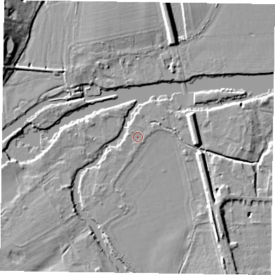 Shaded relief map of the ground around RG108HD, computed from Environment Agency LiDAR. The ground here sits at about 33 m above sea level and falls 10 m across the surrounding 800 m. Surface water reaching this point runs off ground lying to the south-south-west, 1.3 m higher.