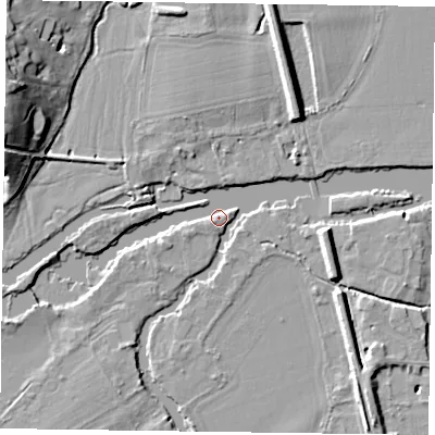 Shaded relief map of the ground around RG108HE, computed from Environment Agency LiDAR. The ground here sits at about 33 m above sea level and falls 15 m across the surrounding 800 m. Surface water reaching this point runs off ground lying to the west-south-west, 2.3 m higher.