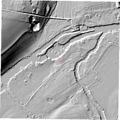 Shaded relief map of the ground around RG108HH, computed from Environment Agency LiDAR. The ground here sits at about 34 m above sea level and falls 24 m across the surrounding 800 m. Surface water reaching this point runs off ground lying to the east-south-east, 1.8 m higher.