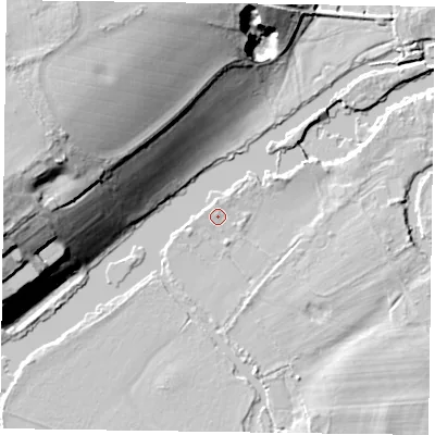 Shaded relief map of the ground around RG108HJ, computed from Environment Agency LiDAR. The ground here sits at about 34 m above sea level and falls 28 m across the surrounding 800 m. Surface water reaching this point runs off ground lying to the north-north-west, 0.7 m higher.