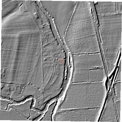 Shaded relief map of the ground around RG108HL, computed from Environment Agency LiDAR. The ground here sits at about 34 m above sea level and falls 9 m across the surrounding 800 m. Surface water reaching this point runs off ground lying to the west-north-west, 2.3 m higher.
