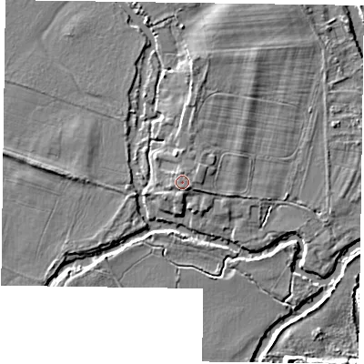 Shaded relief map of the ground around RG108HN, computed from Environment Agency LiDAR. The ground here sits at about 36 m above sea level and falls 5 m across the surrounding 800 m. The ground contributing surface water to this point lies to the south-east.