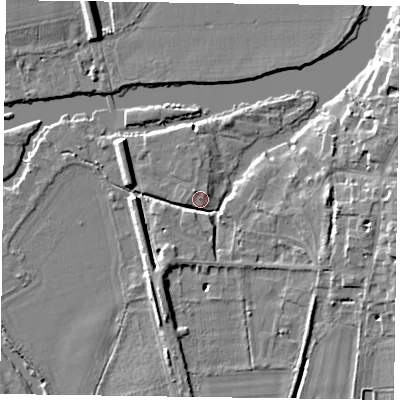 Shaded relief map of the ground around RG108HR, computed from Environment Agency LiDAR. The ground here sits at about 34 m above sea level and falls 8 m across the surrounding 800 m. Surface water reaching this point runs off ground lying to the west, 5.1 m higher.