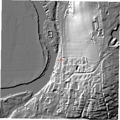 Shaded relief map of the ground around RG108HZ, computed from Environment Agency LiDAR. The ground here sits at about 35 m above sea level and falls 39 m across the surrounding 800 m. Surface water reaching this point runs off ground lying to the east, 26.9 m higher.