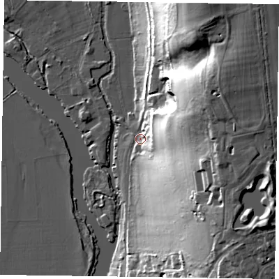 Shaded relief map of the ground around RG108JB, computed from Environment Agency LiDAR. The ground here sits at about 35 m above sea level and falls 43 m across the surrounding 800 m. Surface water reaching this point runs off ground lying to the north-east, 38.0 m higher.