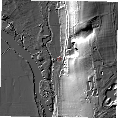 Shaded relief map of the ground around RG108JD, computed from Environment Agency LiDAR. The ground here sits at about 34 m above sea level and falls 44 m across the surrounding 800 m. Surface water reaching this point runs off ground lying to the east, 34.3 m higher.
