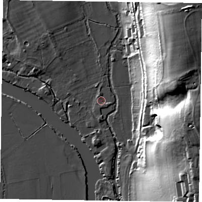 Shaded relief map of the ground around RG108LG, computed from Environment Agency LiDAR. The ground here sits at about 33 m above sea level and falls 47 m across the surrounding 800 m. Surface water reaching this point runs off ground lying to the south-south-east, 0.9 m higher.