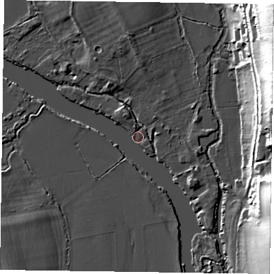 Shaded relief map of the ground around RG108LH, computed from Environment Agency LiDAR. The ground here sits at about 33 m above sea level and falls 36 m across the surrounding 800 m. Surface water reaching this point runs off ground lying to the north-north-west, 3.4 m higher.