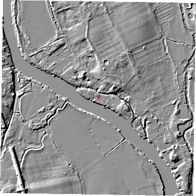 Shaded relief map of the ground around RG108LJ, computed from Environment Agency LiDAR. The ground here sits at about 33 m above sea level and falls 6 m across the surrounding 800 m. Surface water reaching this point runs off ground lying to the south-west, 4.7 m higher.
