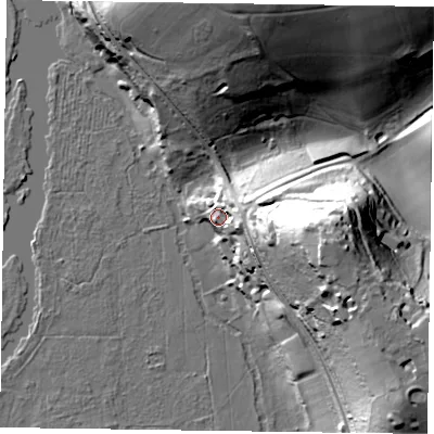 Shaded relief map of the ground around RG108PE, computed from Environment Agency LiDAR. The ground here sits at about 41 m above sea level and falls 49 m across the surrounding 800 m. Surface water reaching this point runs off ground lying to the east, 39.2 m higher.