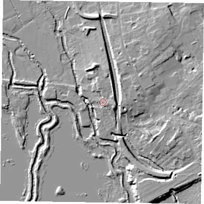 Shaded relief map of the ground around RG109AJ, computed from Environment Agency LiDAR. The ground here sits at about 38 m above sea level and falls 11 m across the surrounding 800 m. Surface water reaching this point runs off ground lying to the north-north-east, 4.1 m higher.