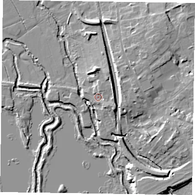 Shaded relief map of the ground around RG109AQ, computed from Environment Agency LiDAR. The ground here sits at about 37 m above sea level and falls 11 m across the surrounding 800 m. Surface water reaching this point runs off ground lying to the east-north-east, 4.8 m higher.