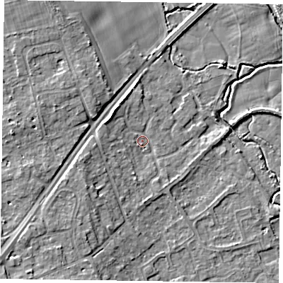Shaded relief map of the ground around RG109DJ, computed from Environment Agency LiDAR. The ground here sits at about 36 m above sea level and falls 9 m across the surrounding 800 m. Surface water reaching this point runs off ground lying to the west-north-west, 3.8 m higher.