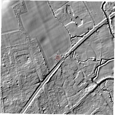 Shaded relief map of the ground around RG109DS, computed from Environment Agency LiDAR. The ground here sits at about 36 m above sea level and falls 8 m across the surrounding 800 m. Surface water reaching this point runs off ground lying to the west-south-west, 1.1 m higher.