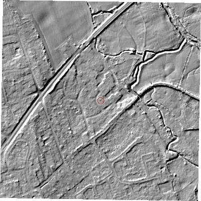 Shaded relief map of the ground around RG109DW, computed from Environment Agency LiDAR. The ground here sits at about 36 m above sea level and falls 8 m across the surrounding 800 m. Surface water reaching this point runs off ground lying to the south-west, 0.8 m higher.