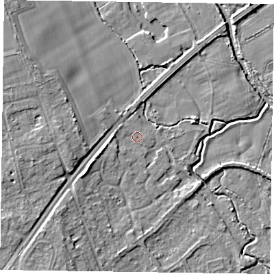 Shaded relief map of the ground around RG109DX, computed from Environment Agency LiDAR. The ground here sits at about 35 m above sea level and falls 8 m across the surrounding 800 m. Surface water reaching this point runs off ground lying to the west-south-west, 3.3 m higher.