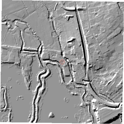 Shaded relief map of the ground around RG109GA, computed from Environment Agency LiDAR. The ground here sits at about 36 m above sea level and falls 10 m across the surrounding 800 m. Surface water reaching this point runs off ground lying to the east-south-east, 10.0 m higher.