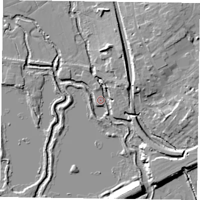 Shaded relief map of the ground around RG109GY, computed from Environment Agency LiDAR. The ground here sits at about 36 m above sea level and falls 10 m across the surrounding 800 m. Surface water reaching this point runs off ground lying to the east-south-east, 2.0 m higher.