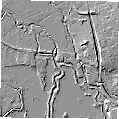 Shaded relief map of the ground around RG109JB, computed from Environment Agency LiDAR. The ground here sits at about 37 m above sea level and falls 10 m across the surrounding 800 m. Surface water reaching this point runs off ground lying to the east, 7.3 m higher.