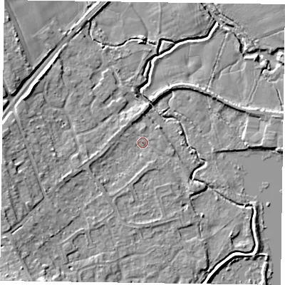 Shaded relief map of the ground around RG109NP, computed from Environment Agency LiDAR. The ground here sits at about 35 m above sea level and falls 10 m across the surrounding 800 m. Surface water reaching this point runs off ground lying to the west-south-west, 1.8 m higher.