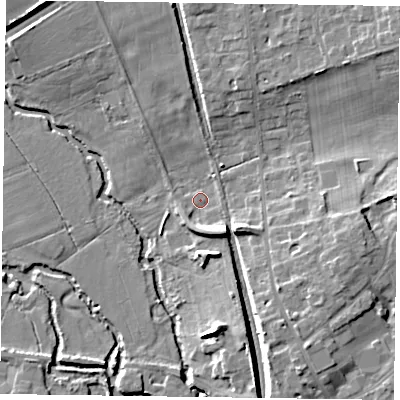 Shaded relief map of the ground around RG109PP, computed from Environment Agency LiDAR. The ground here sits at about 35 m above sea level and falls 10 m across the surrounding 800 m. Surface water reaching this point runs off ground lying to the south-east, 6.3 m higher.