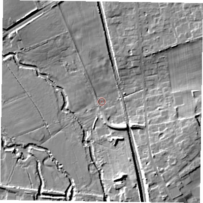 Shaded relief map of the ground around RG109PR, computed from Environment Agency LiDAR. The ground here sits at about 35 m above sea level and falls 10 m across the surrounding 800 m. Surface water reaching this point runs off ground lying to the south-east, 7.5 m higher.