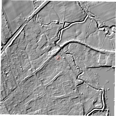 Shaded relief map of the ground around RG109QB, computed from Environment Agency LiDAR. The ground here sits at about 36 m above sea level and falls 8 m across the surrounding 800 m. Surface water reaching this point runs off ground lying to the north, 1.3 m higher.