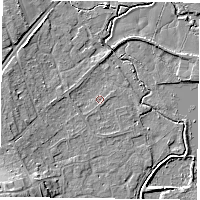 Shaded relief map of the ground around RG109QD, computed from Environment Agency LiDAR. The ground here sits at about 36 m above sea level and falls 17 m across the surrounding 800 m. Surface water reaching this point runs off ground lying to the east-south-east, 0.9 m higher.