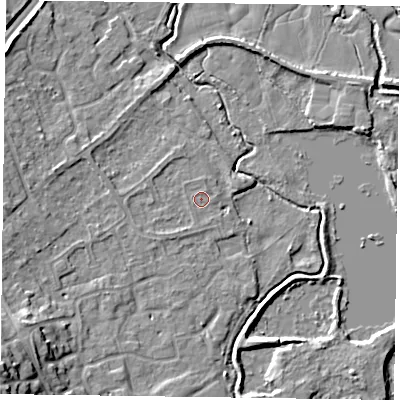 Shaded relief map of the ground around RG109QE, computed from Environment Agency LiDAR. The ground here sits at about 36 m above sea level and falls 15 m across the surrounding 800 m. The ground contributing surface water to this point lies to the south-south-west.