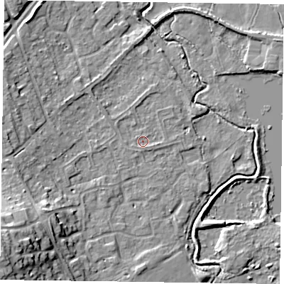Shaded relief map of the ground around RG109QF, computed from Environment Agency LiDAR. The ground here sits at about 36 m above sea level and falls 18 m across the surrounding 800 m. Surface water reaching this point runs off ground lying to the east-south-east, 0.7 m higher.