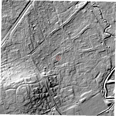 Shaded relief map of the ground around RG109QG, computed from Environment Agency LiDAR. The ground here sits at about 36 m above sea level and falls 18 m across the surrounding 800 m. Surface water reaching this point runs off ground lying to the south-west, 14.8 m higher.