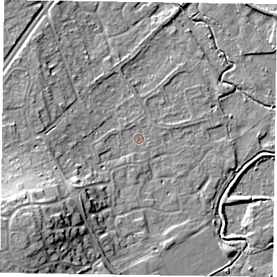 Shaded relief map of the ground around RG109QH, computed from Environment Agency LiDAR. The ground here sits at about 36 m above sea level and falls 18 m across the surrounding 800 m. Surface water reaching this point runs off ground lying to the south-west, 15.5 m higher.