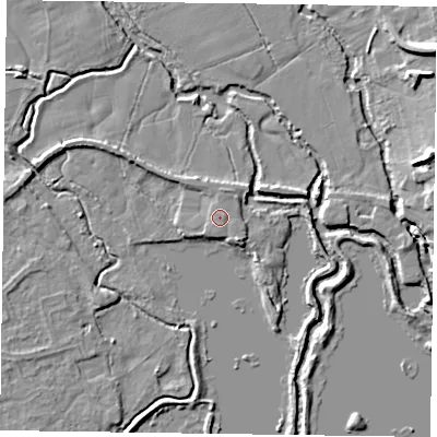 Shaded relief map of the ground around RG109QJ, computed from Environment Agency LiDAR. The ground here sits at about 36 m above sea level and falls 9 m across the surrounding 800 m. Surface water reaching this point runs off ground lying to the north-east, 1.0 m higher.
