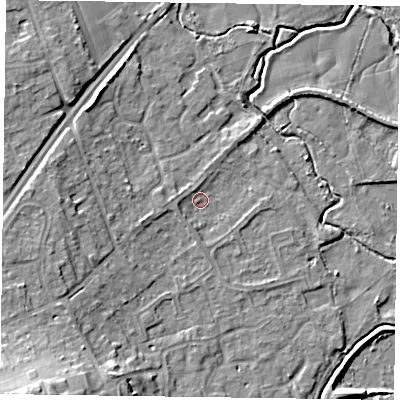 Shaded relief map of the ground around RG109QL, computed from Environment Agency LiDAR. The ground here sits at about 36 m above sea level and falls 16 m across the surrounding 800 m. Surface water reaching this point runs off ground lying to the west-south-west, 1.6 m higher.