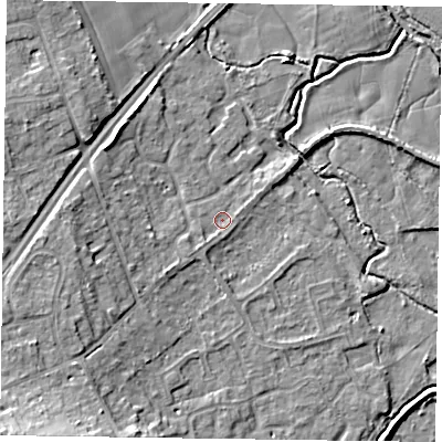 Shaded relief map of the ground around RG109QN, computed from Environment Agency LiDAR. The ground here sits at about 36 m above sea level and falls 12 m across the surrounding 800 m. Surface water reaching this point runs off ground lying to the south-west, 1.2 m higher.