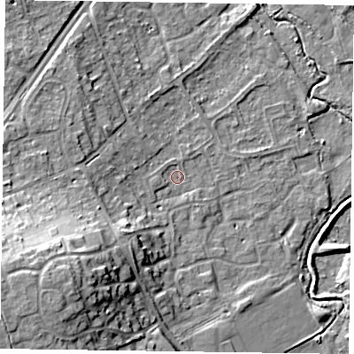 Shaded relief map of the ground around RG109QQ, computed from Environment Agency LiDAR. The ground here sits at about 36 m above sea level and falls 18 m across the surrounding 800 m. Surface water reaching this point runs off ground lying to the south-west, 15.3 m higher.