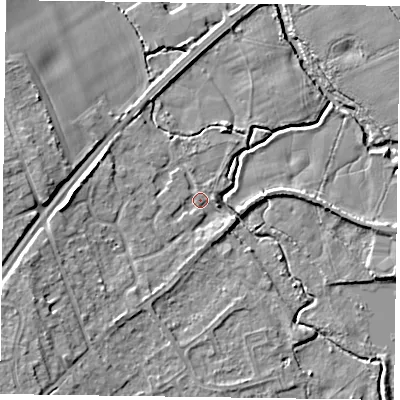 Shaded relief map of the ground around RG109QS, computed from Environment Agency LiDAR. The ground here sits at about 35 m above sea level and falls 7 m across the surrounding 800 m. Surface water reaching this point runs off ground lying to the west-south-west, 5.8 m higher.
