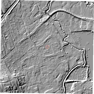 Shaded relief map of the ground around RG109QW, computed from Environment Agency LiDAR. The ground here sits at about 36 m above sea level and falls 18 m across the surrounding 800 m. Surface water reaching this point runs off ground lying to the south-south-east, 0.9 m higher.