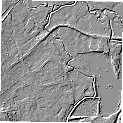 Shaded relief map of the ground around RG109QZ, computed from Environment Agency LiDAR. The ground here sits at about 35 m above sea level and falls 11 m across the surrounding 800 m. Surface water reaching this point runs off ground lying to the south-south-west, 1.6 m higher.
