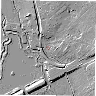 Shaded relief map of the ground around RG109RR, computed from Environment Agency LiDAR. The ground here sits at about 36 m above sea level and falls 15 m across the surrounding 800 m. Surface water reaching this point runs off ground lying to the east, 13.9 m higher.