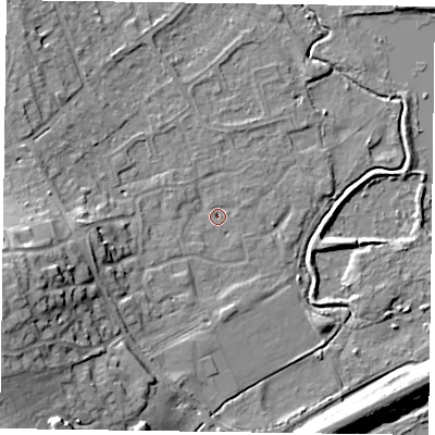 Shaded relief map of the ground around RG109RT, computed from Environment Agency LiDAR. The ground here sits at about 35 m above sea level and falls 18 m across the surrounding 800 m. Surface water reaching this point runs off ground lying to the south-south-west, 1.6 m higher.