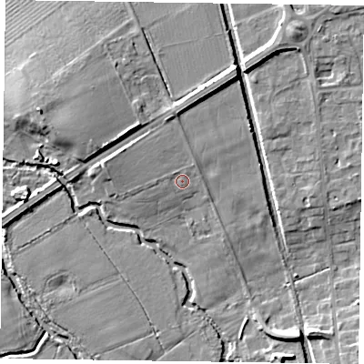 Shaded relief map of the ground around RG109RU, computed from Environment Agency LiDAR. The ground here sits at about 38 m above sea level and falls 10 m across the surrounding 800 m. Surface water reaching this point runs off ground lying to the north-east, 1.2 m higher.