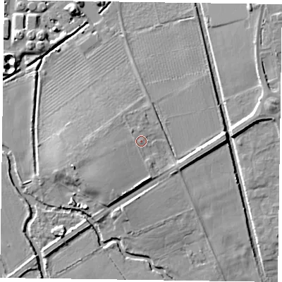 Shaded relief map of the ground around RG109RY, computed from Environment Agency LiDAR. The ground here sits at about 39 m above sea level and falls 11 m across the surrounding 800 m. Surface water reaching this point runs off ground lying to the west-south-west, 1.1 m higher.