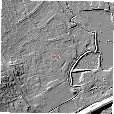 Shaded relief map of the ground around RG109RZ, computed from Environment Agency LiDAR. The ground here sits at about 36 m above sea level and falls 16 m across the surrounding 800 m. Surface water reaching this point runs off ground lying to the west-south-west, 12.0 m higher.