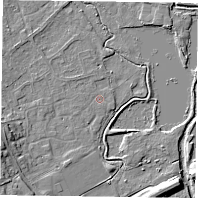 Shaded relief map of the ground around RG109SJ, computed from Environment Agency LiDAR. The ground here sits at about 36 m above sea level and falls 12 m across the surrounding 800 m. Surface water reaching this point runs off ground lying to the north-west, 1.0 m higher.