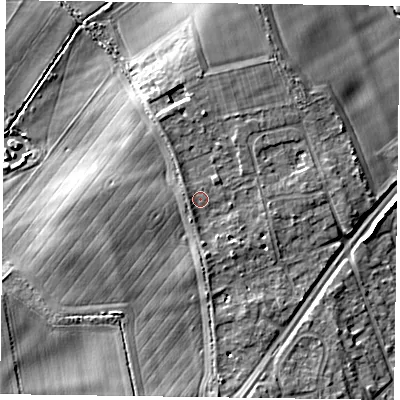 Shaded relief map of the ground around RG109TN, computed from Environment Agency LiDAR. The ground here sits at about 40 m above sea level and falls 7 m across the surrounding 800 m. Surface water reaching this point runs off ground lying to the south, 1.5 m higher.