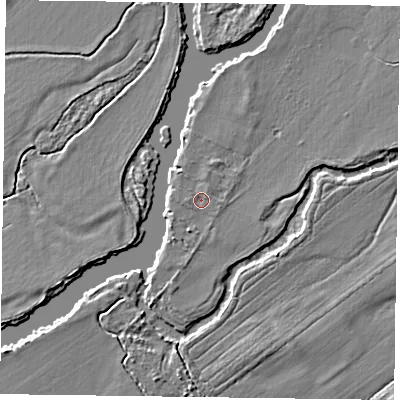 Shaded relief map of the ground around RG109TP, computed from Environment Agency LiDAR. The ground here sits at about 34 m above sea level and falls 3 m across the surrounding 800 m. Surface water reaching this point runs off ground lying to the south-south-west, 1.2 m higher.
