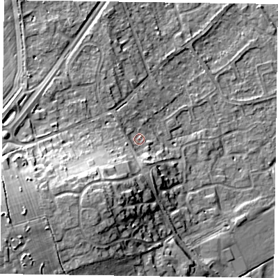 Shaded relief map of the ground around RG109TR, computed from Environment Agency LiDAR. The ground here sits at about 38 m above sea level and falls 18 m across the surrounding 800 m. Surface water reaching this point runs off ground lying to the south-west, 13.6 m higher.